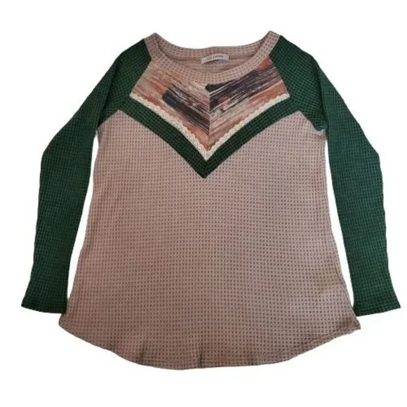 Ces Femme Women's Knit Green/Tan Color Block Long Sleeve Pullover Sweater Small - Picture 11 of 11